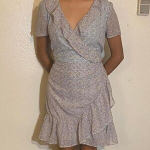 Light blue chiffon floral ruffle mini dress lined